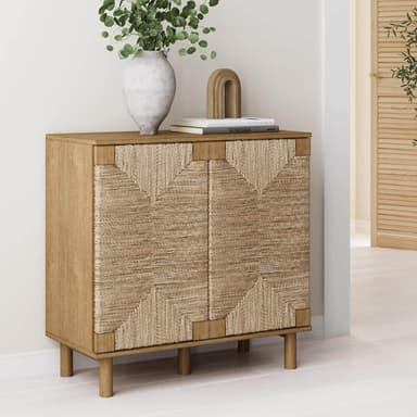 Nathan James Beacon sideboard with light wood and seagrass accents for closed storage in tiny homes