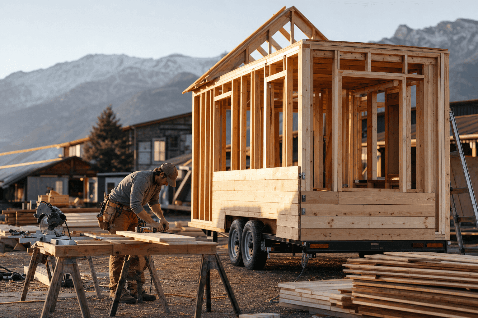 Carpenter framing a tiny house on wheels at a professional builder workshop