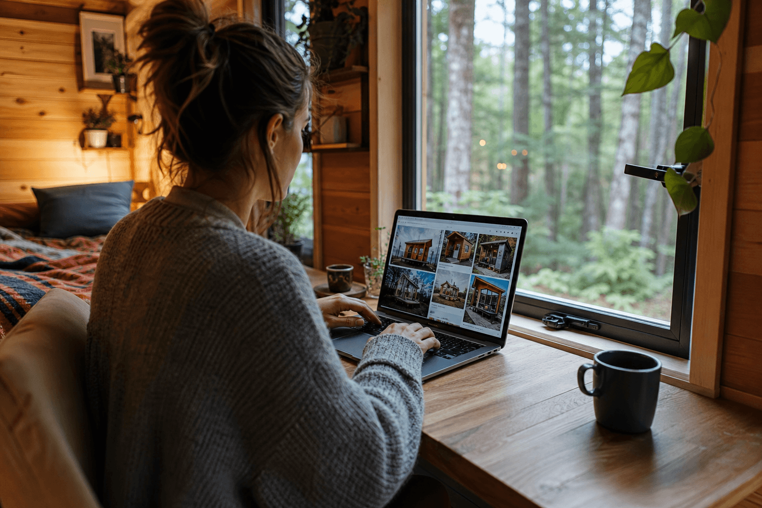 Person researching tiny house resources on a laptop inside a cozy tiny home