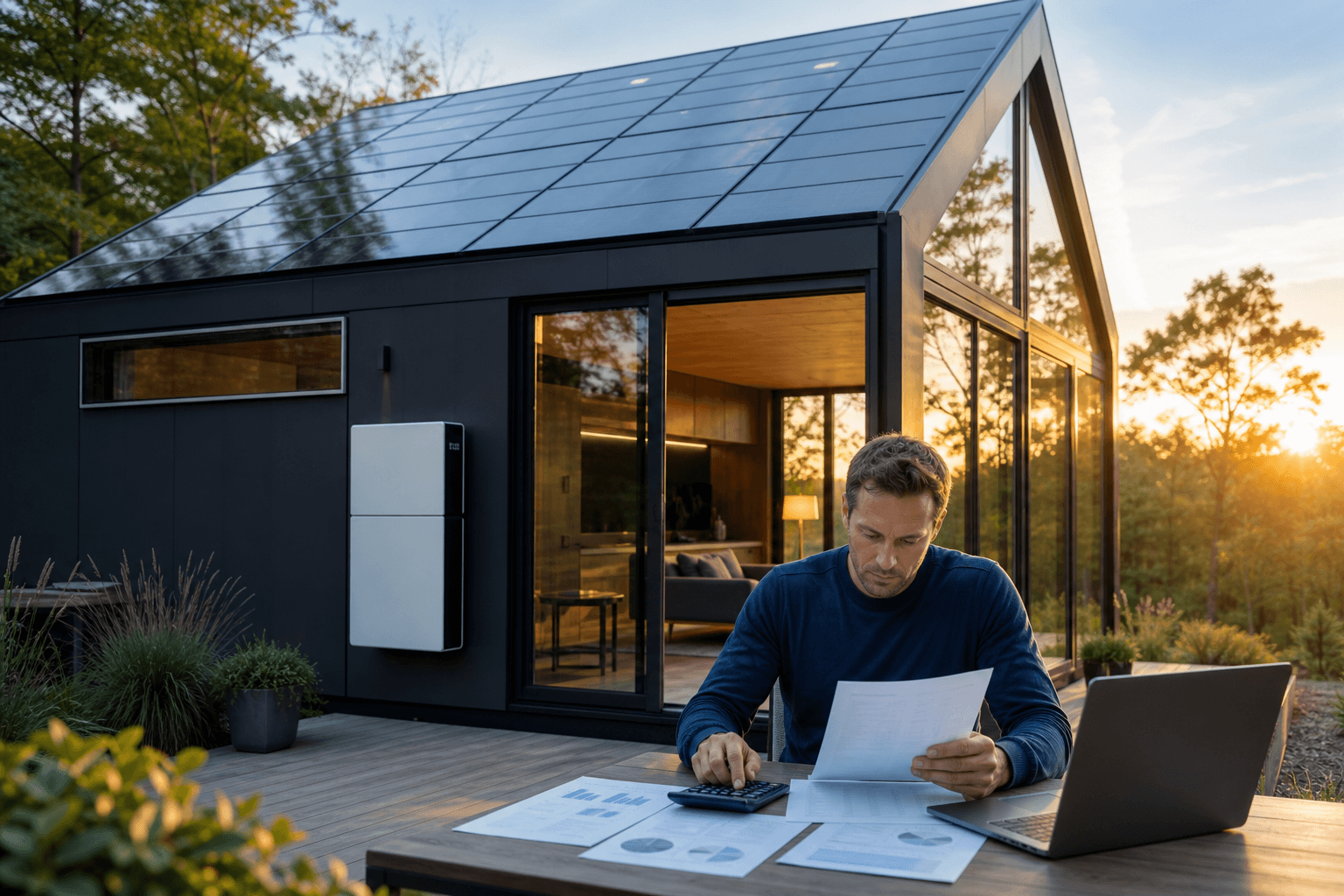 Futuristic tiny house with solar roof and home battery, pricing comparison on table