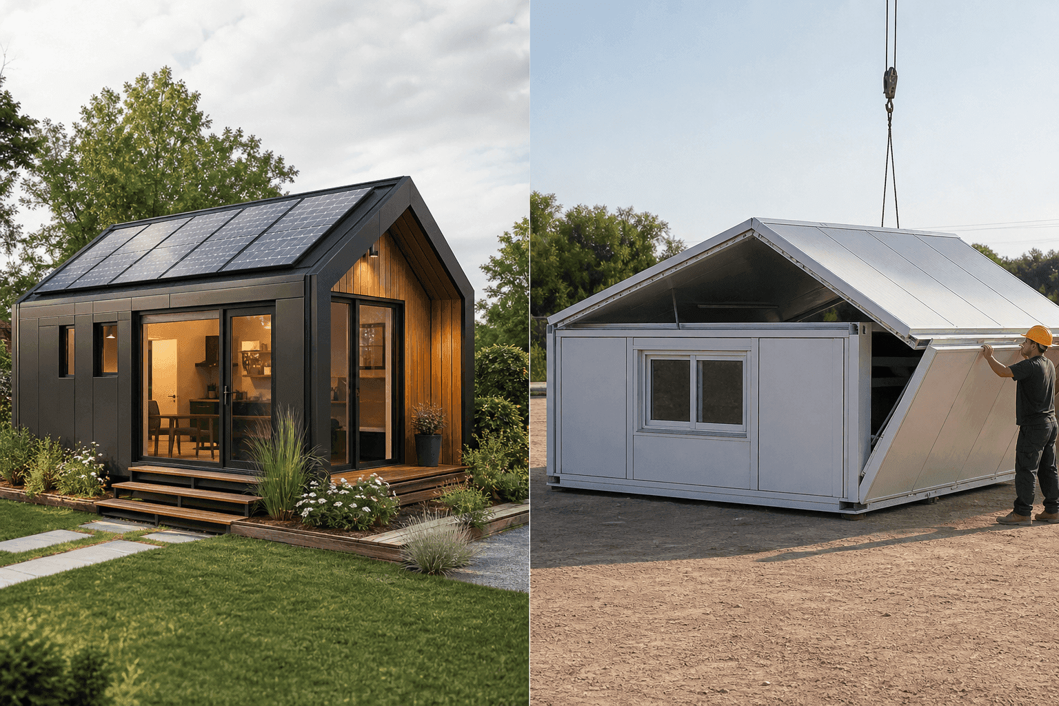Sleek modern tiny house beside a compact prefab modular unit for comparison