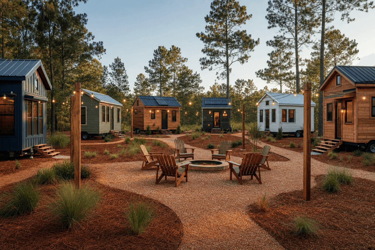 Alabama tiny house community with small homes, shared amenities, and scenic landscape