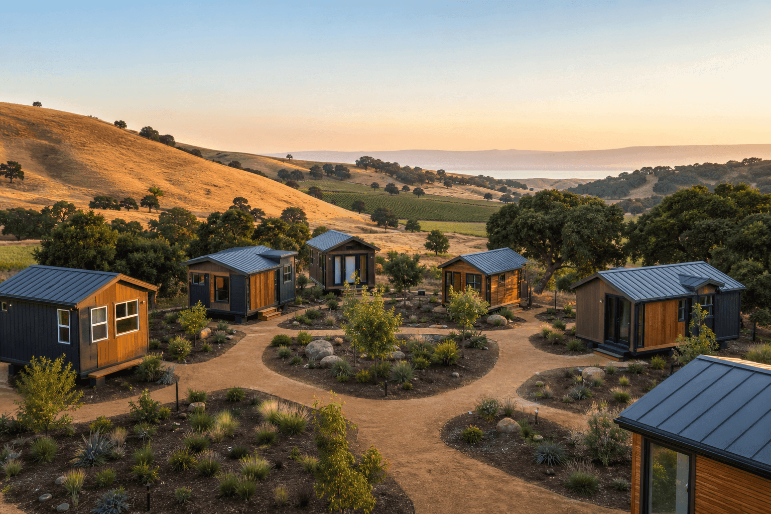 California tiny house community with small homes, shared amenities, and scenic landscape