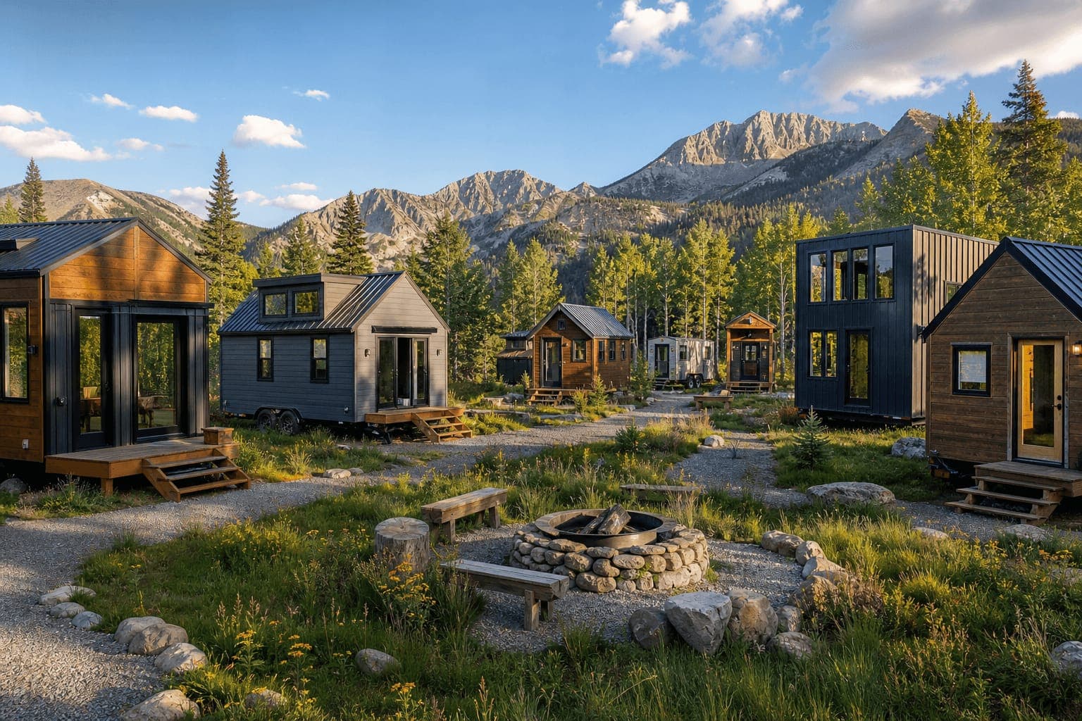 Colorado tiny house community with small homes, shared amenities, and scenic landscape
