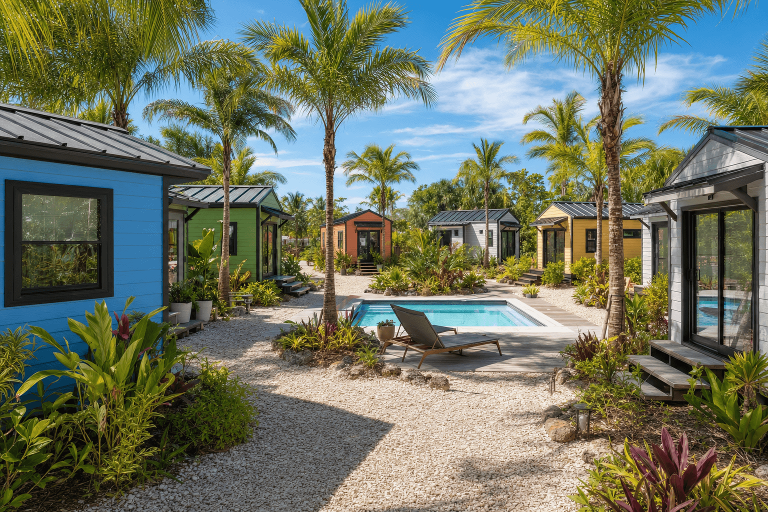 Florida tiny house community with small homes, shared amenities, and scenic landscape