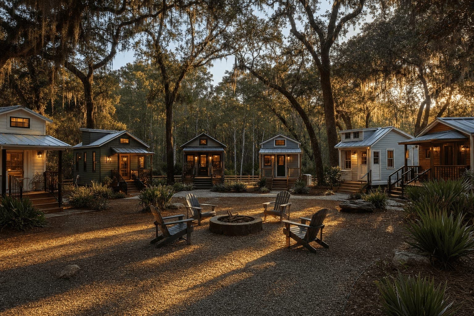 Georgia tiny house community with small homes, shared amenities, and scenic landscape