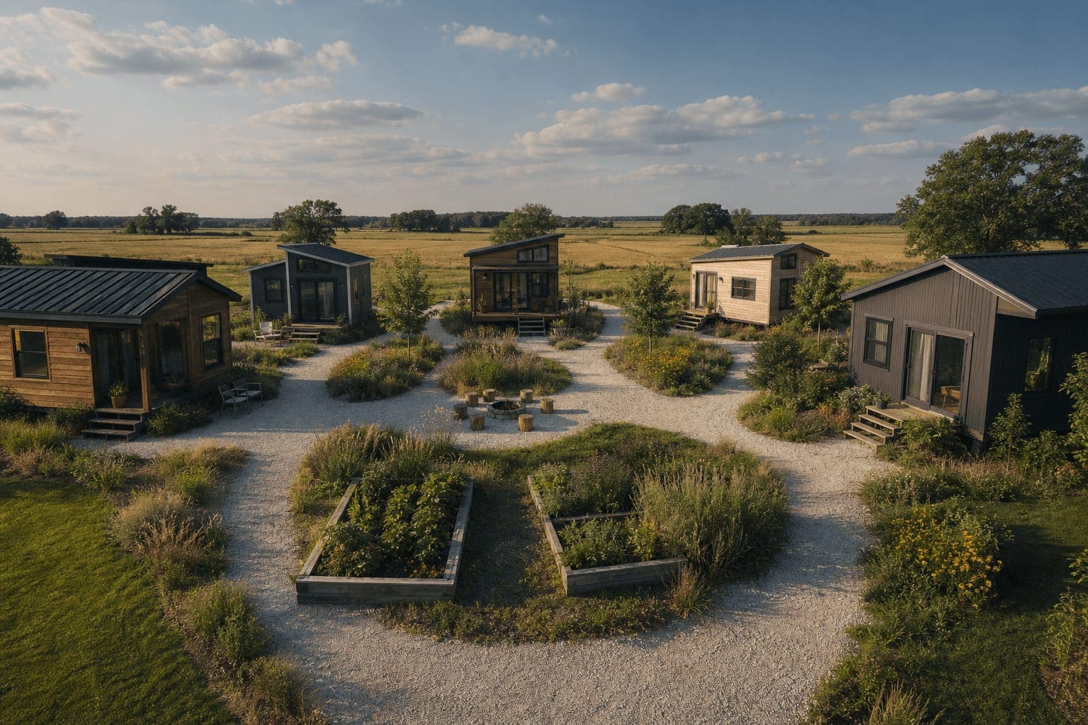 Illinois tiny house community with small homes, shared amenities, and scenic landscape
