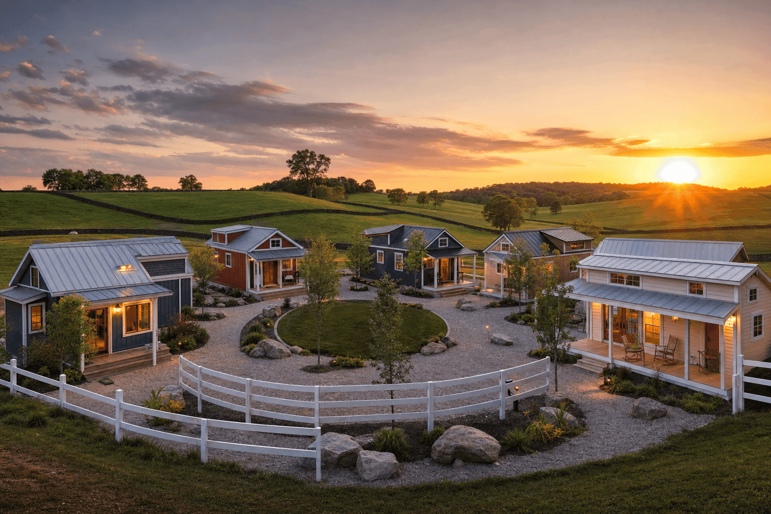 Kentucky tiny house community with small homes, shared amenities, and scenic landscape