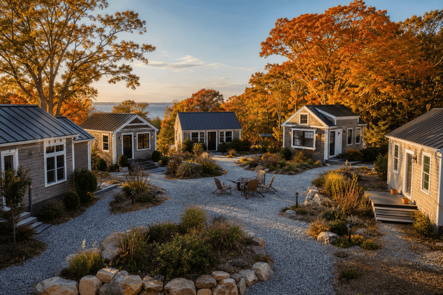 Massachusetts tiny house community with small homes, shared amenities, and scenic landscape