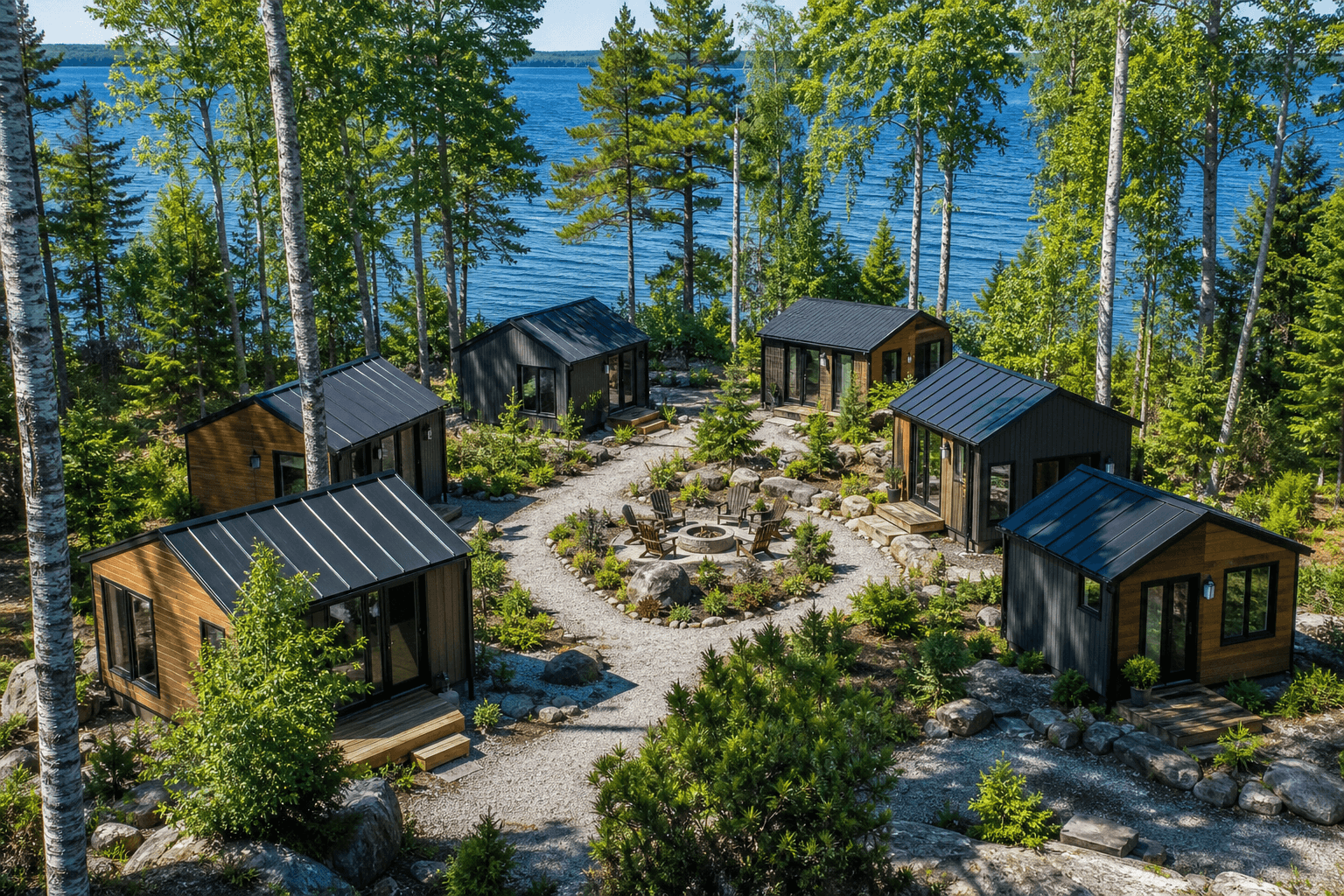Michigan tiny house community with small homes, shared amenities, and scenic landscape