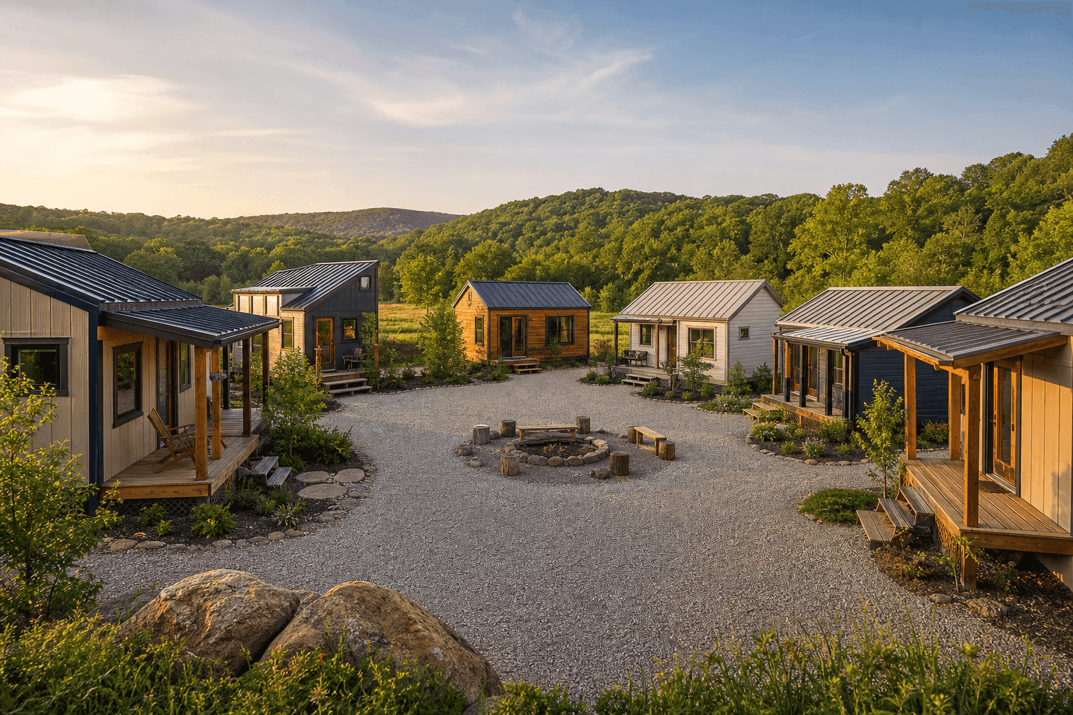 Missouri tiny house community with small homes, shared amenities, and scenic landscape