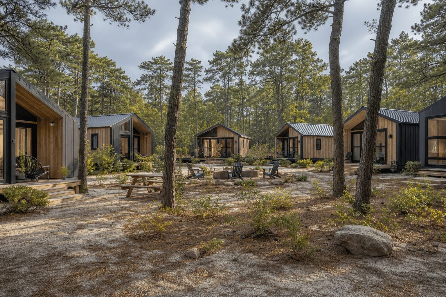 New Jersey tiny house community with small homes, shared amenities, and scenic landscape