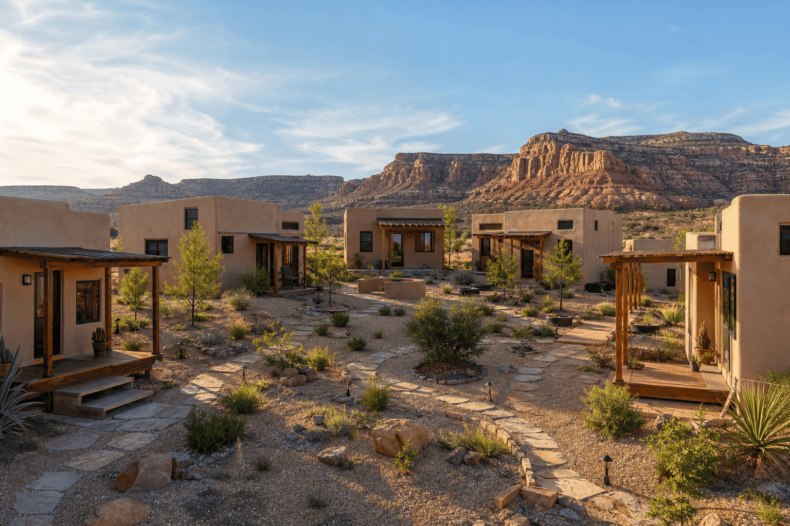 New Mexico tiny house community with small homes, shared amenities, and scenic landscape