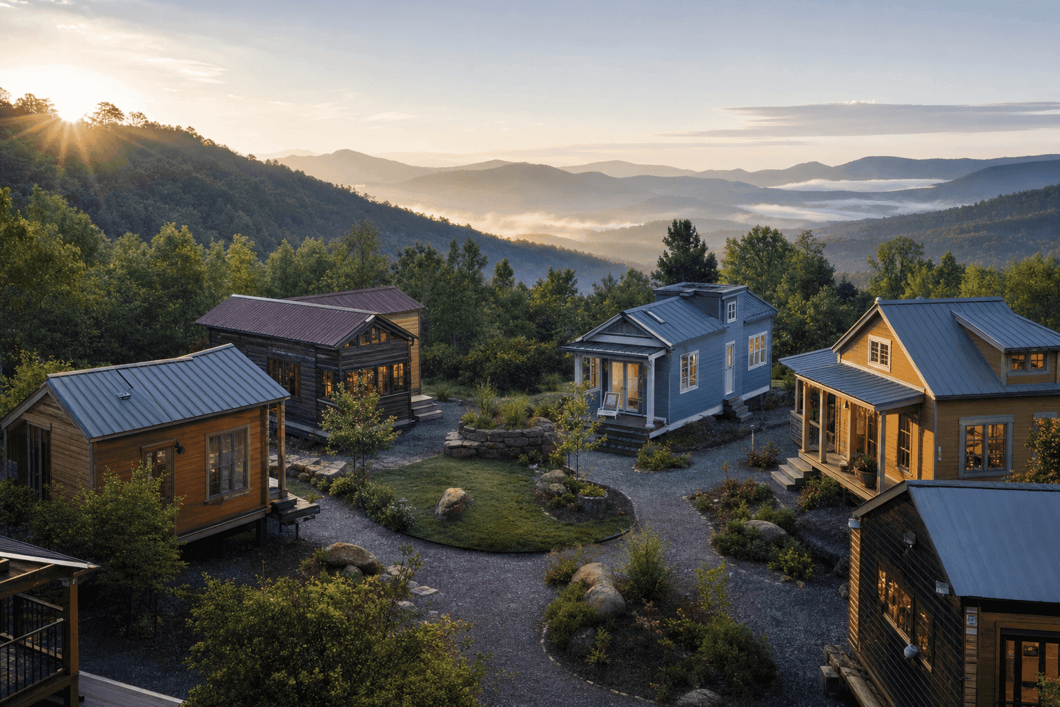 North Carolina tiny house community with small homes, shared amenities, and scenic landscape