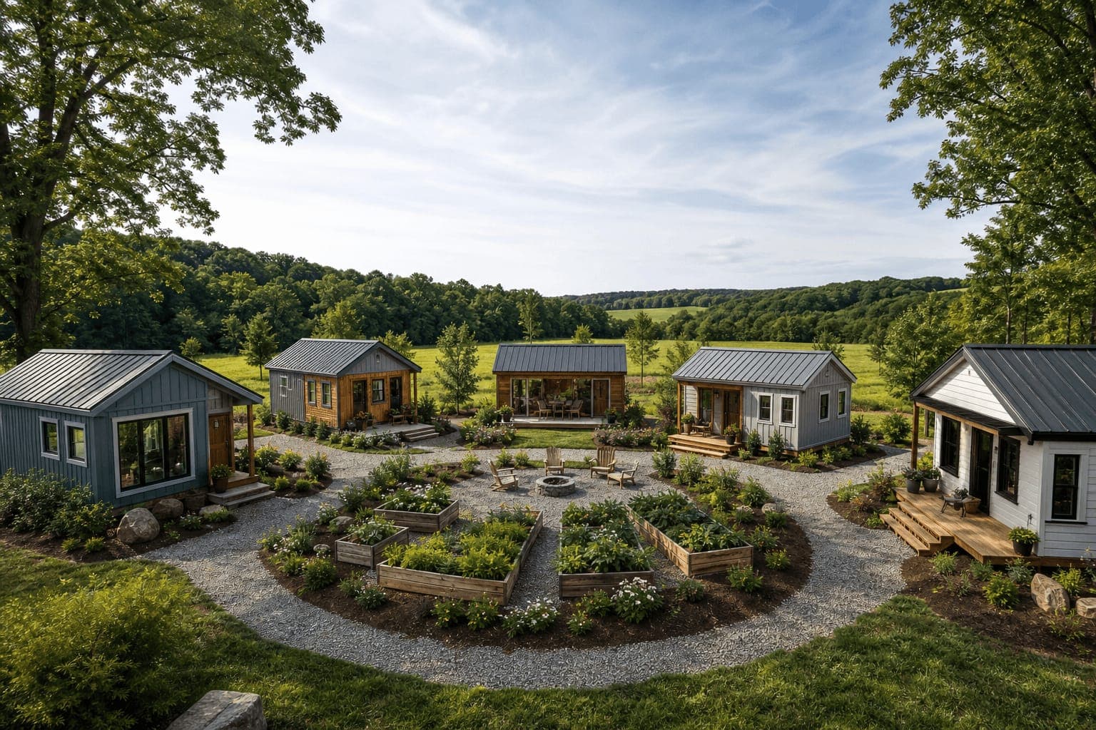 Ohio tiny house community with small homes, shared amenities, and scenic landscape
