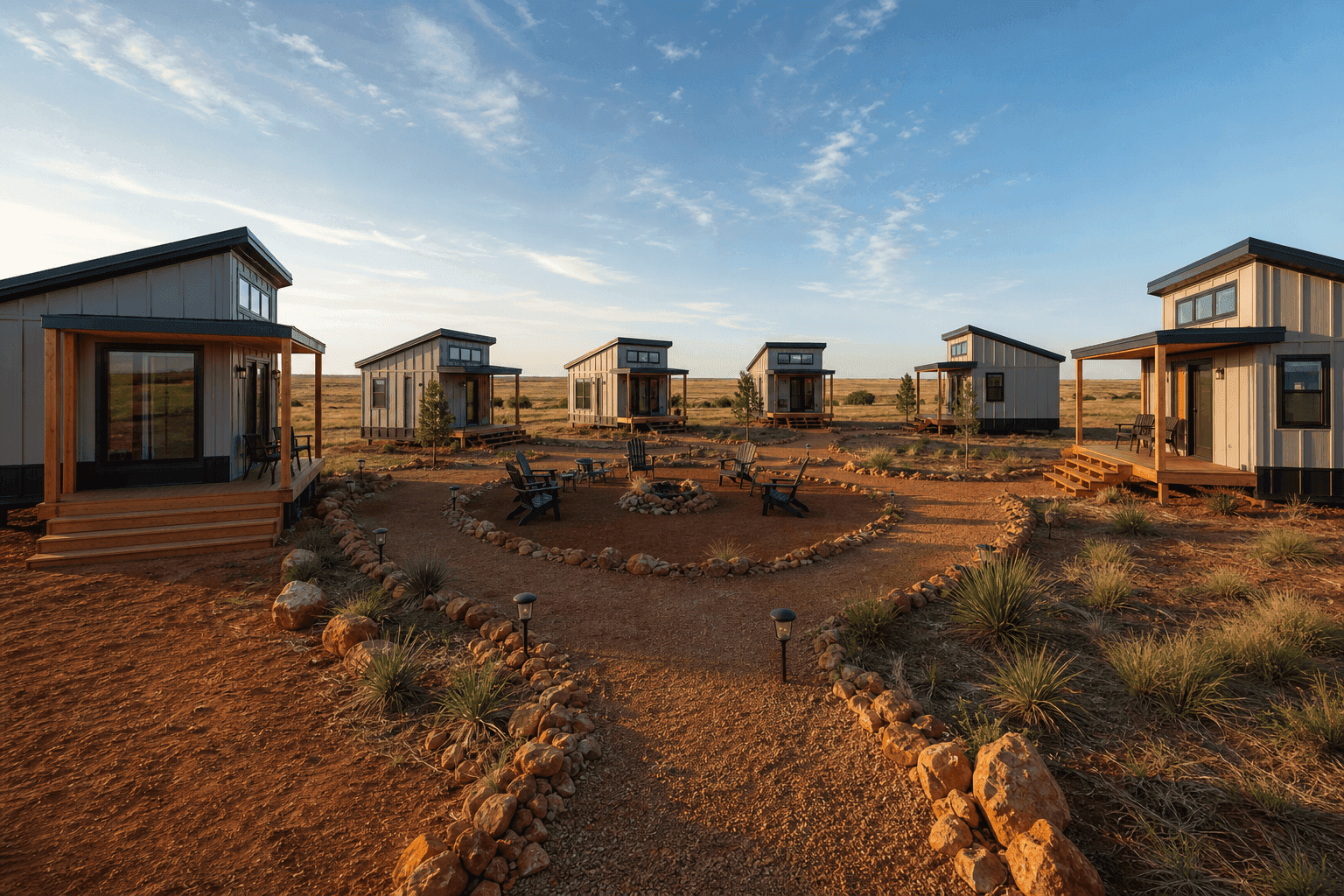 Oklahoma tiny house community with small homes, shared amenities, and scenic landscape