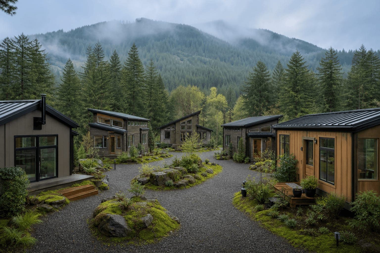 Oregon tiny house community with small homes, shared amenities, and scenic landscape
