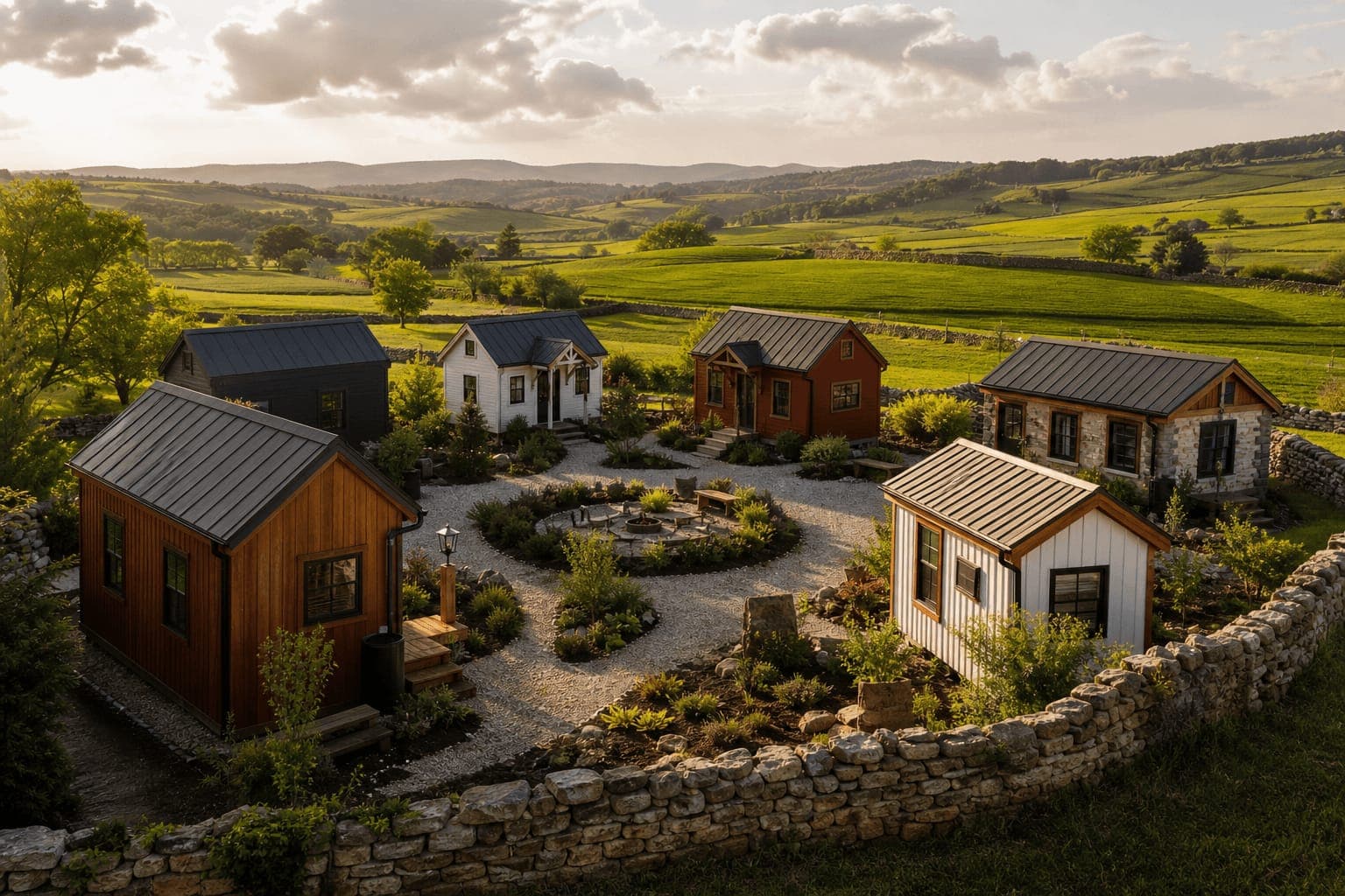 Pennsylvania tiny house community with small homes, shared amenities, and scenic landscape