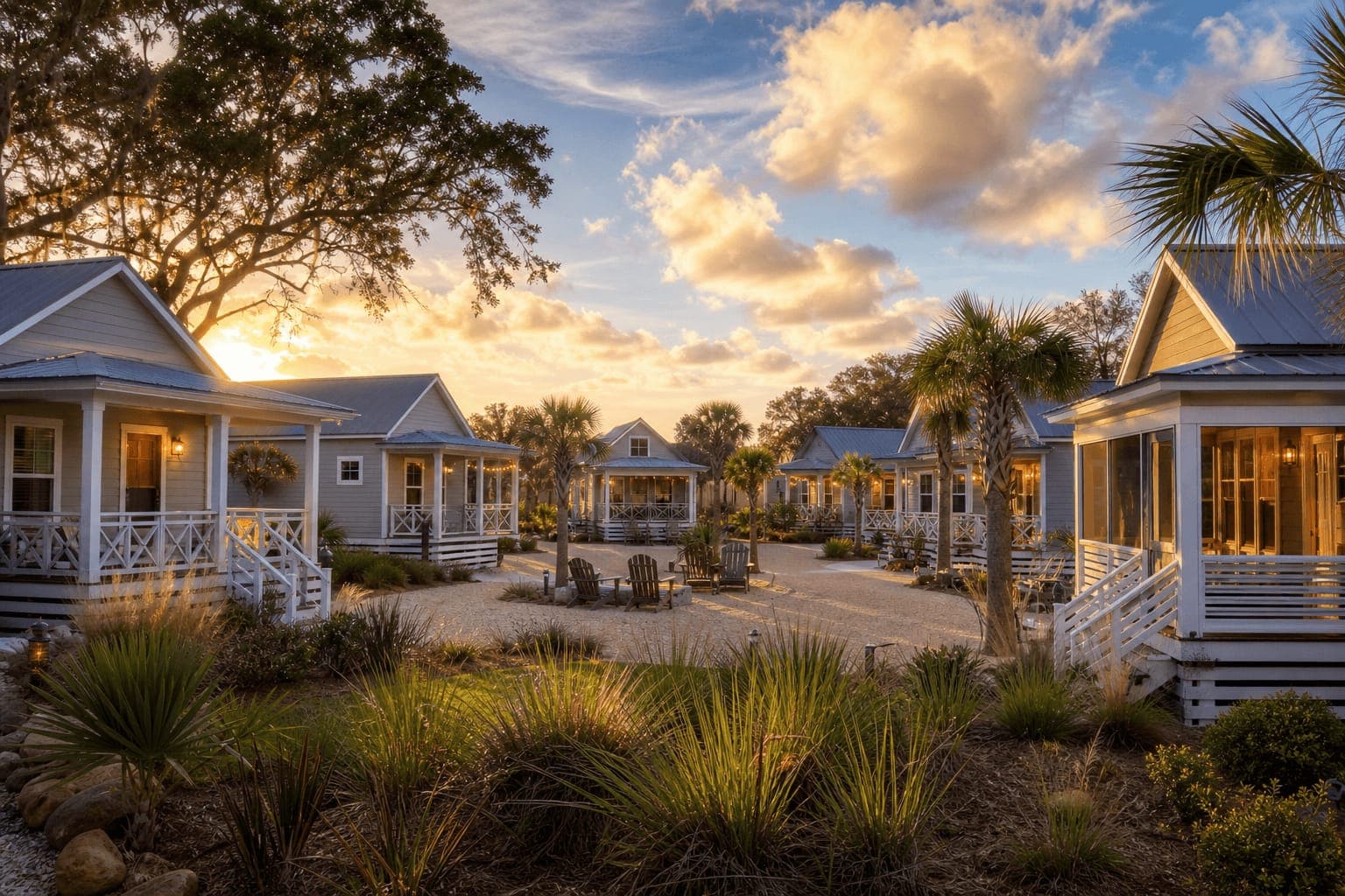 South Carolina tiny house community with small homes, shared amenities, and scenic landscape
