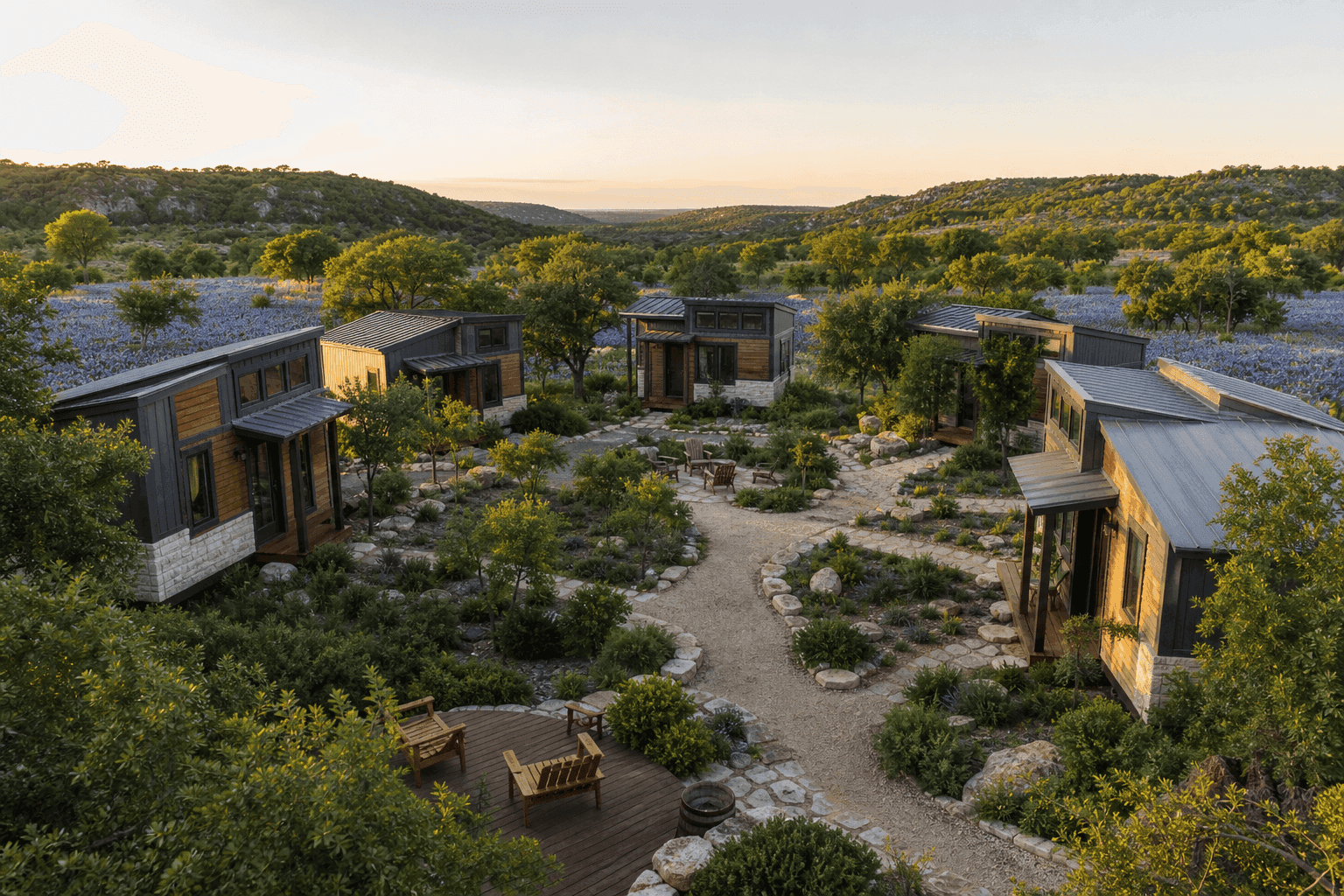 Texas tiny house community with small homes, shared amenities, and scenic landscape