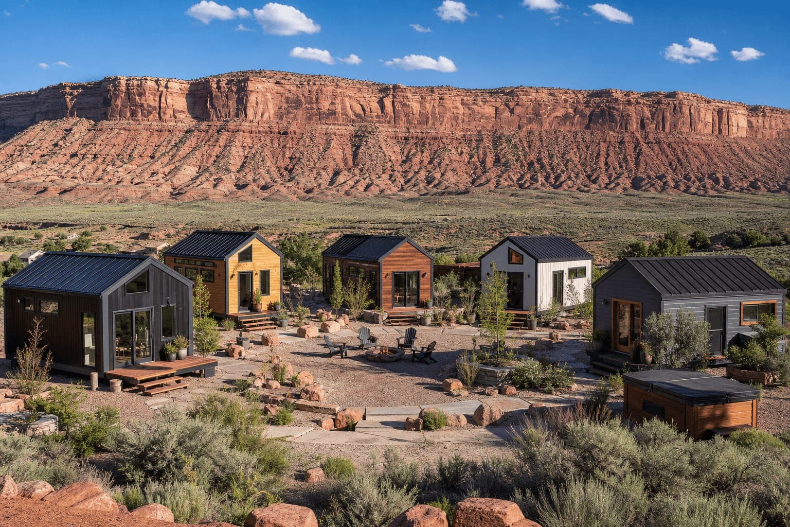 Utah tiny house community with small homes, shared amenities, and scenic landscape