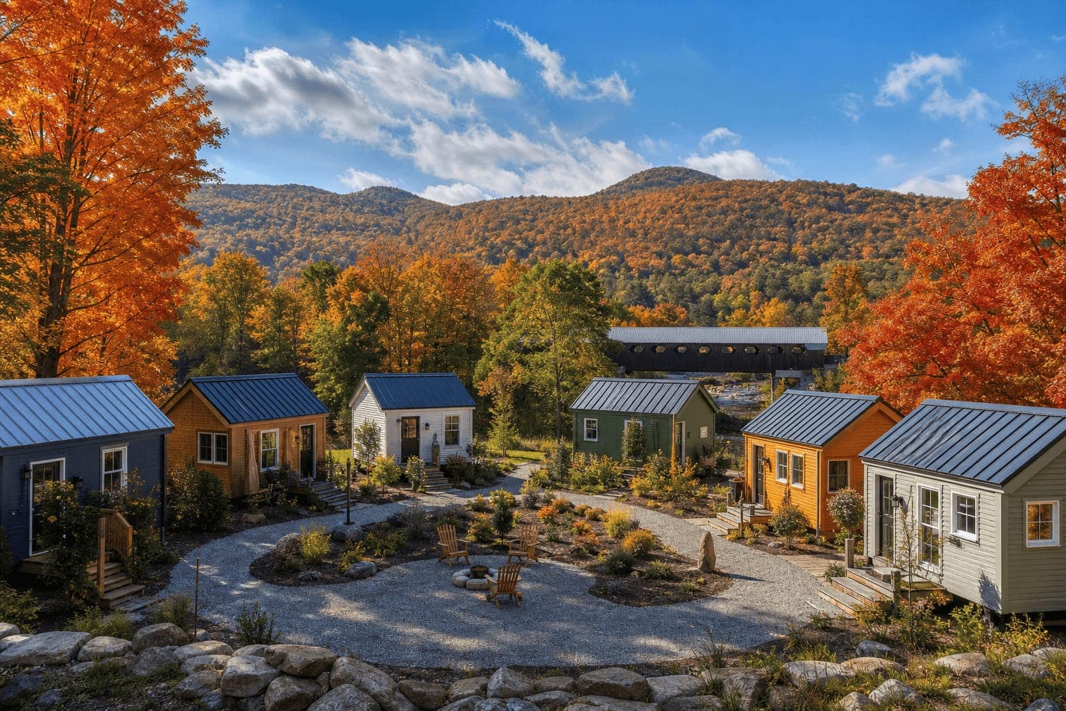 Vermont tiny house community with small homes, shared amenities, and scenic landscape