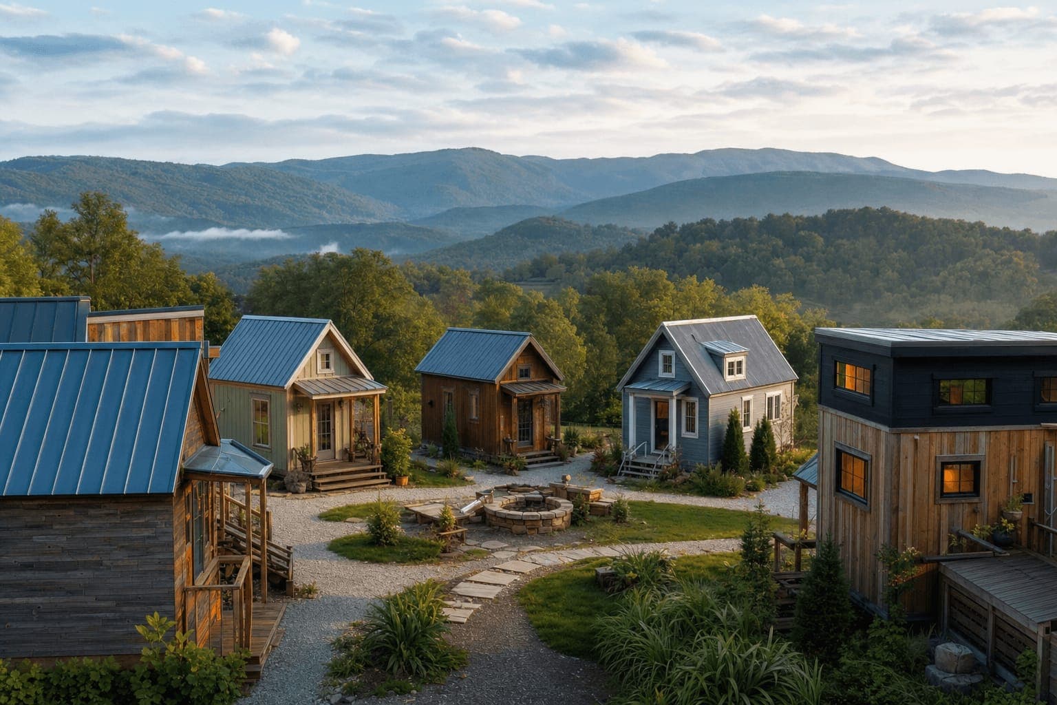 Virginia tiny house community with small homes, shared amenities, and scenic landscape
