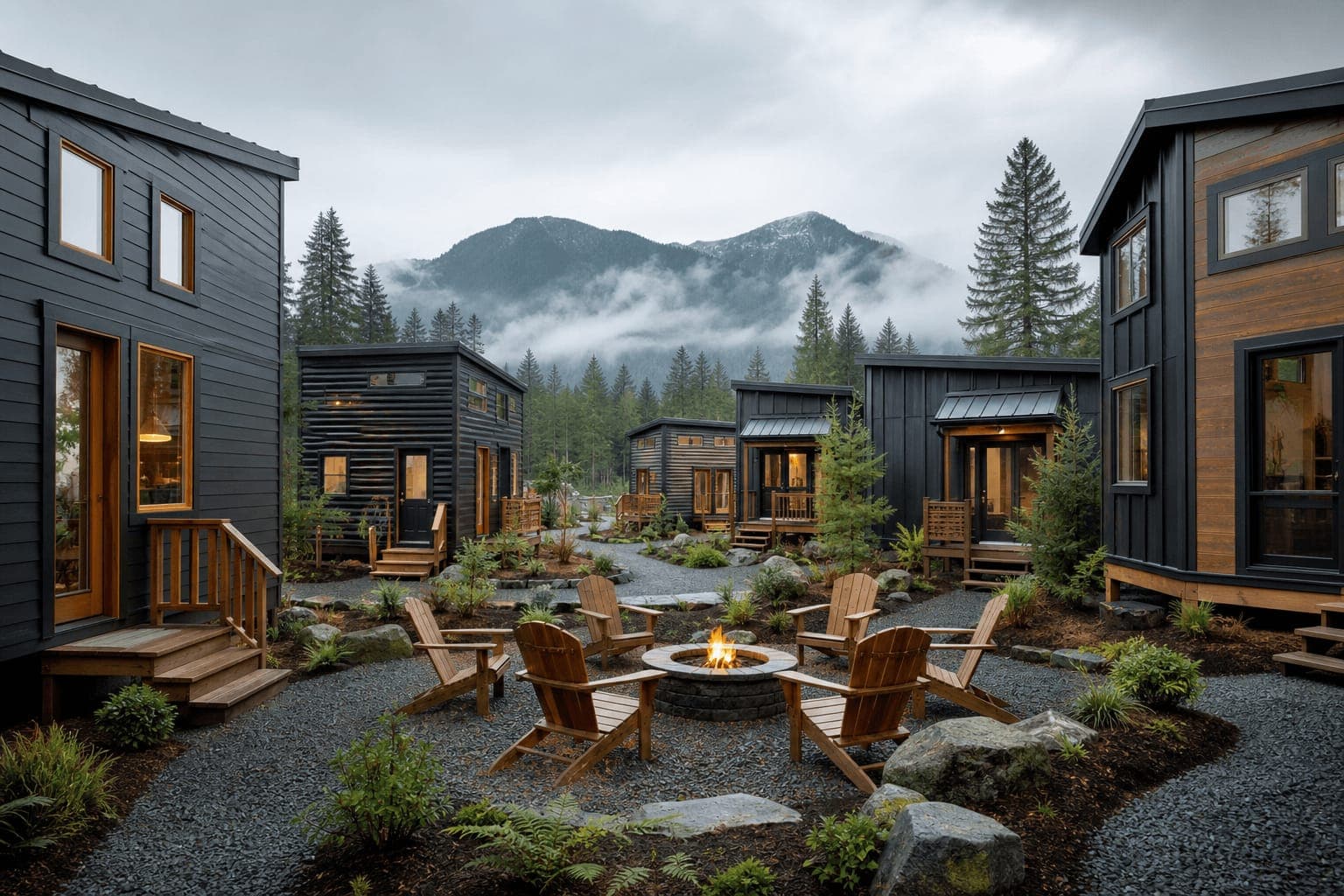 Washington tiny house community with small homes, shared amenities, and scenic landscape