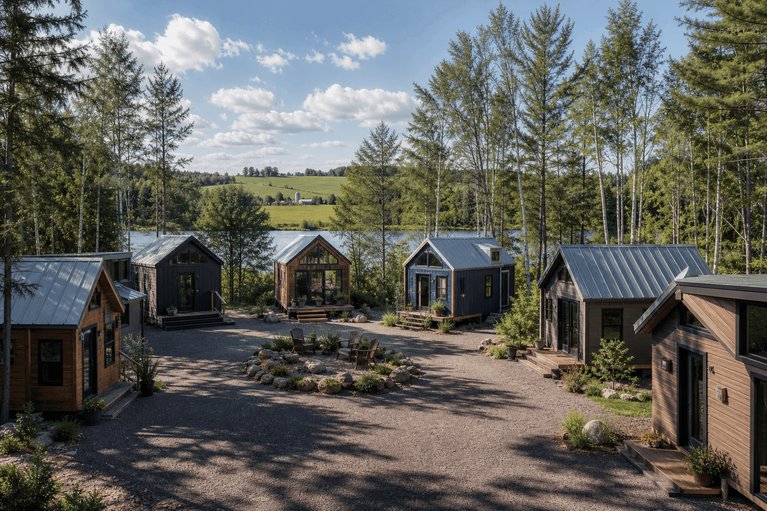 Wisconsin tiny house community with small homes, shared amenities, and scenic landscape
