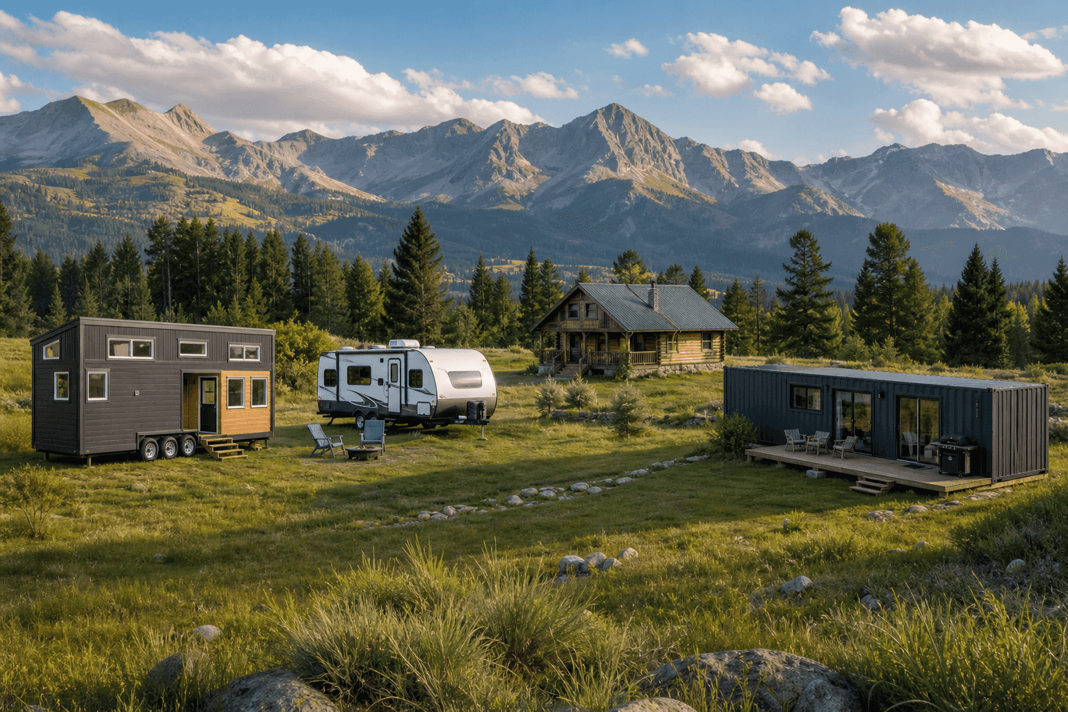 Multiple alternative living options including a tiny house, RV, cabin, and container home in a scenic meadow