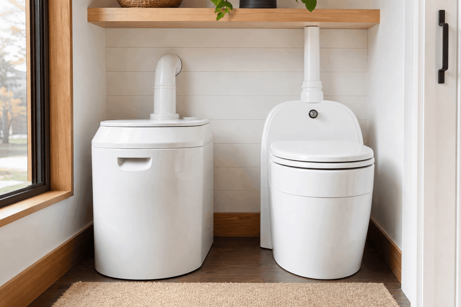 Composting toilet and incinerating toilet side by side in a tiny house bathroom