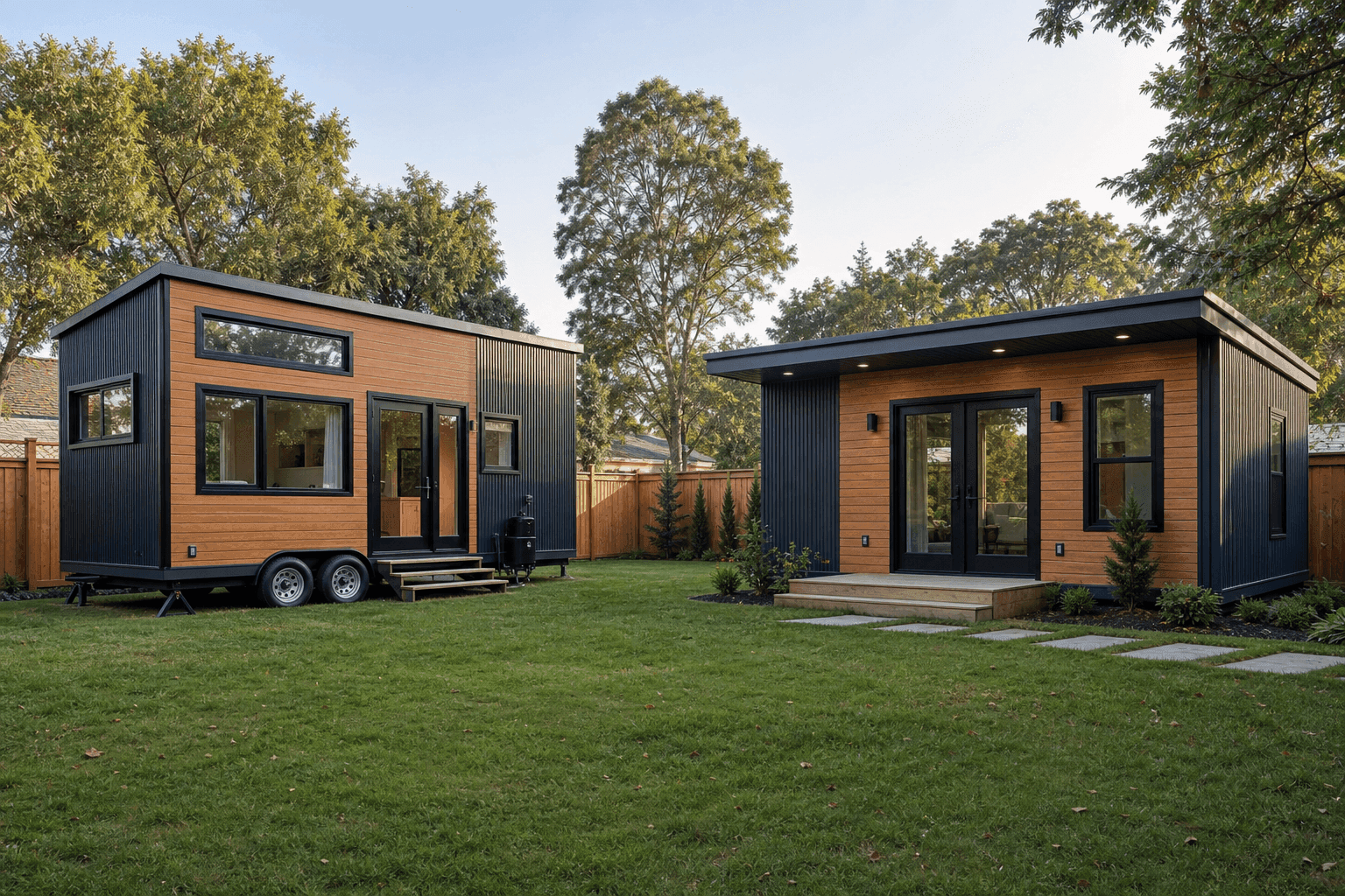 Tiny house on wheels beside a permanent ADU studio in a residential backyard