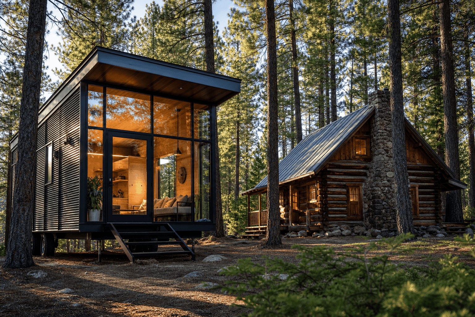 Modern tiny house with large windows beside a rustic log cabin in a pine forest