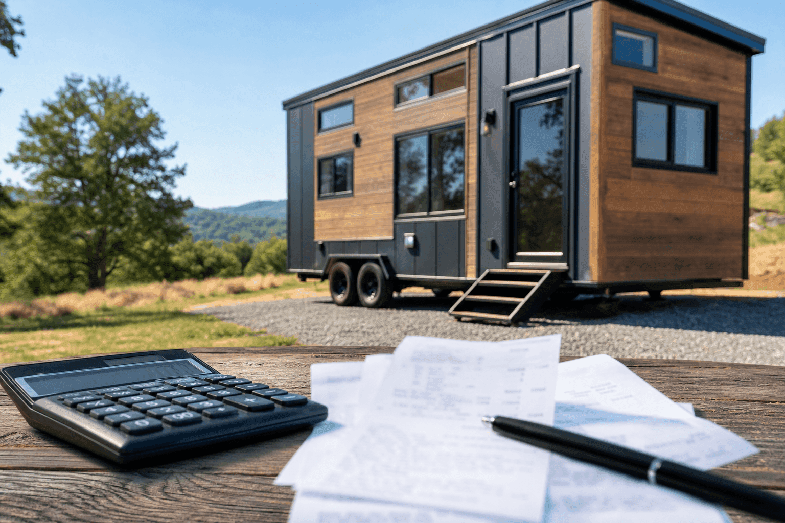 Calculator and receipts on a table with a tiny house in the background illustrating selling costs