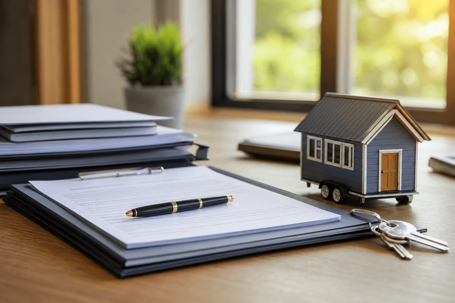 Organized paperwork and keys needed to sell a tiny house