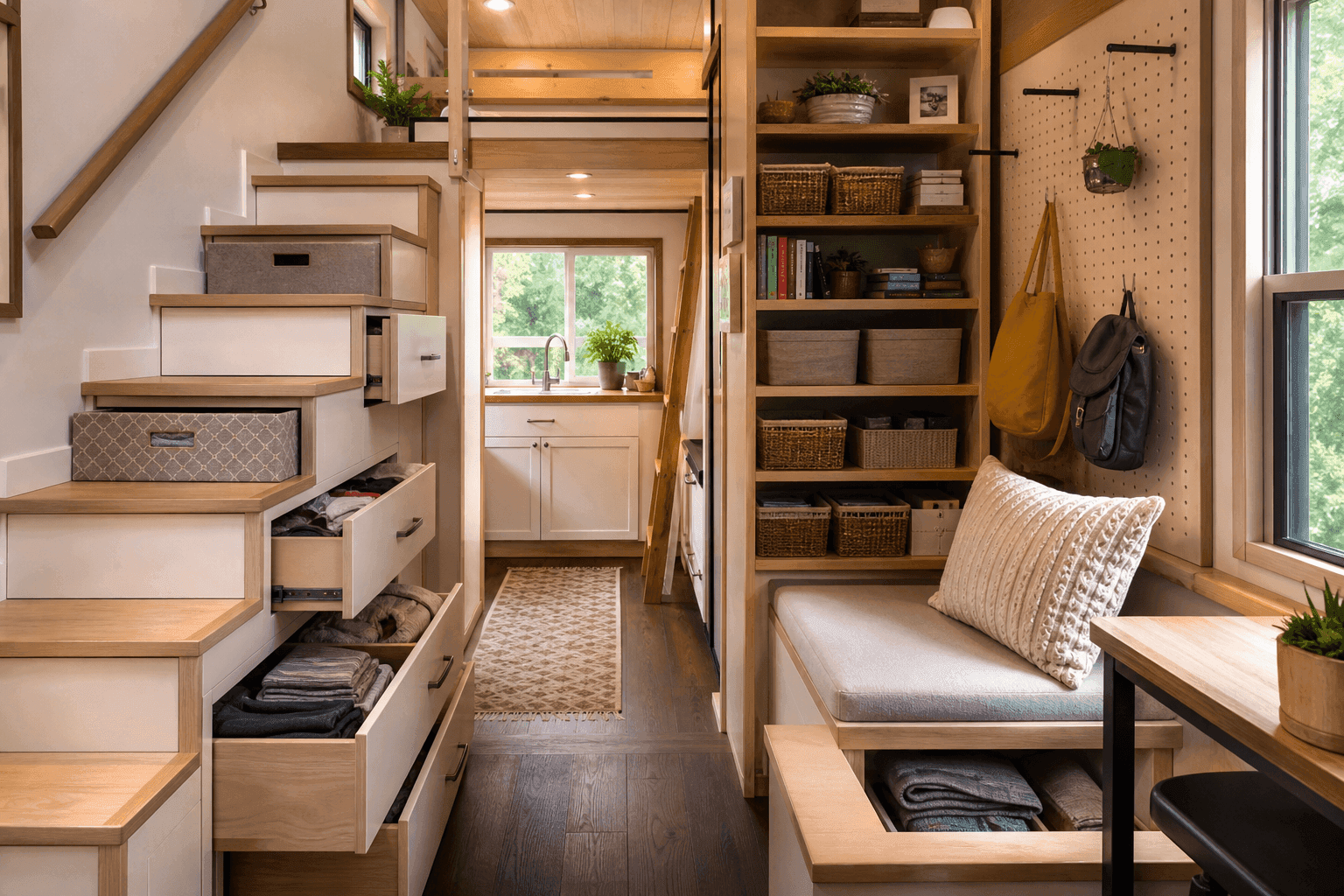 Clever tiny house storage solutions including built-in shelving and hidden compartments