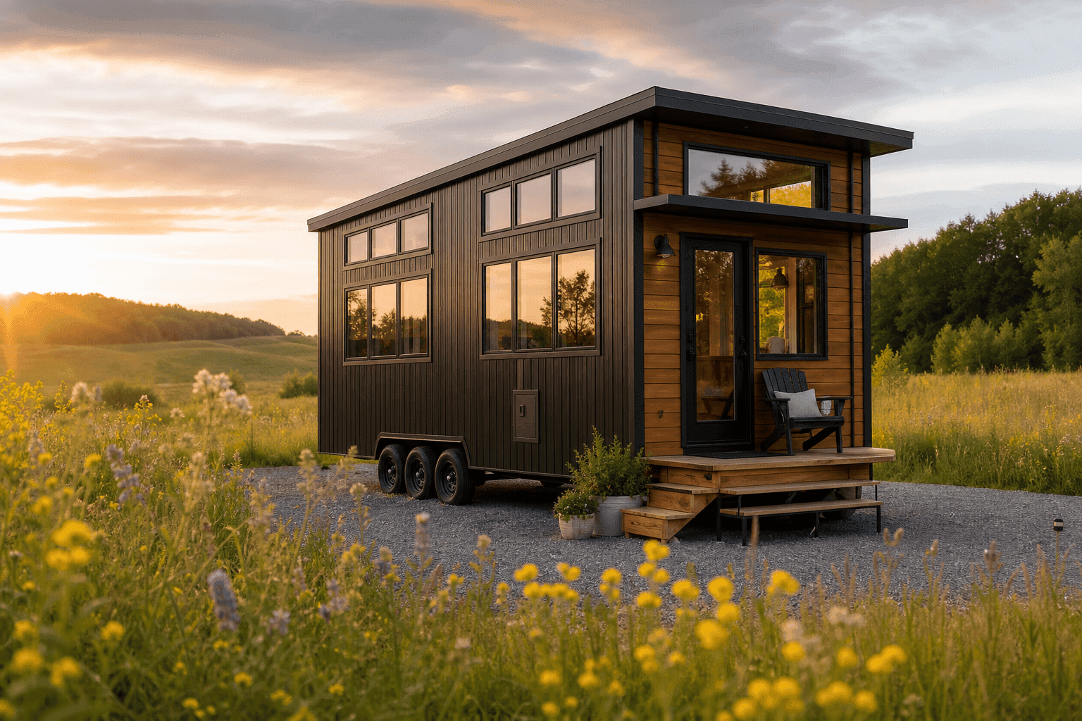 Modern tiny house on wheels in a rural setting illustrating the typical selling timeline