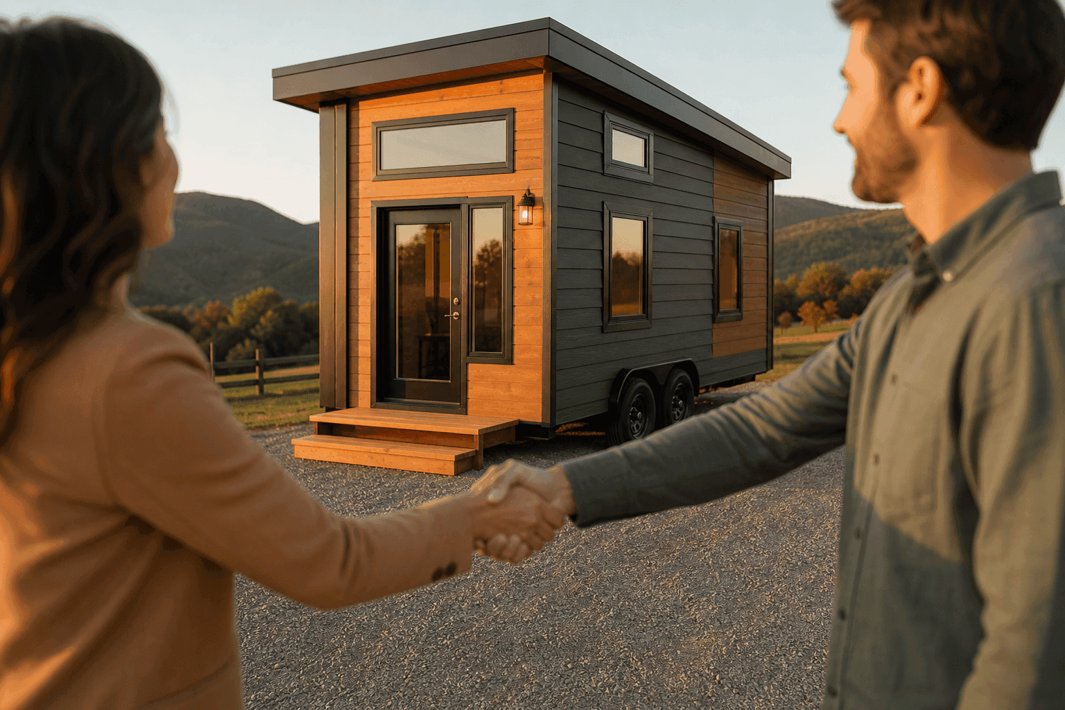 Tiny house seller and buyer discussing terms during negotiation