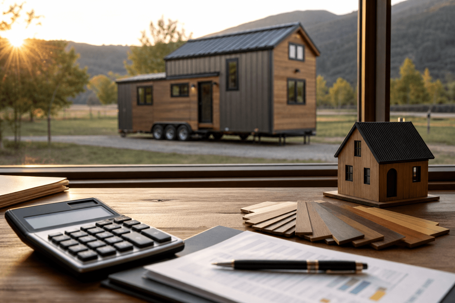Calculator and tiny house model used to compare tiny house prices
