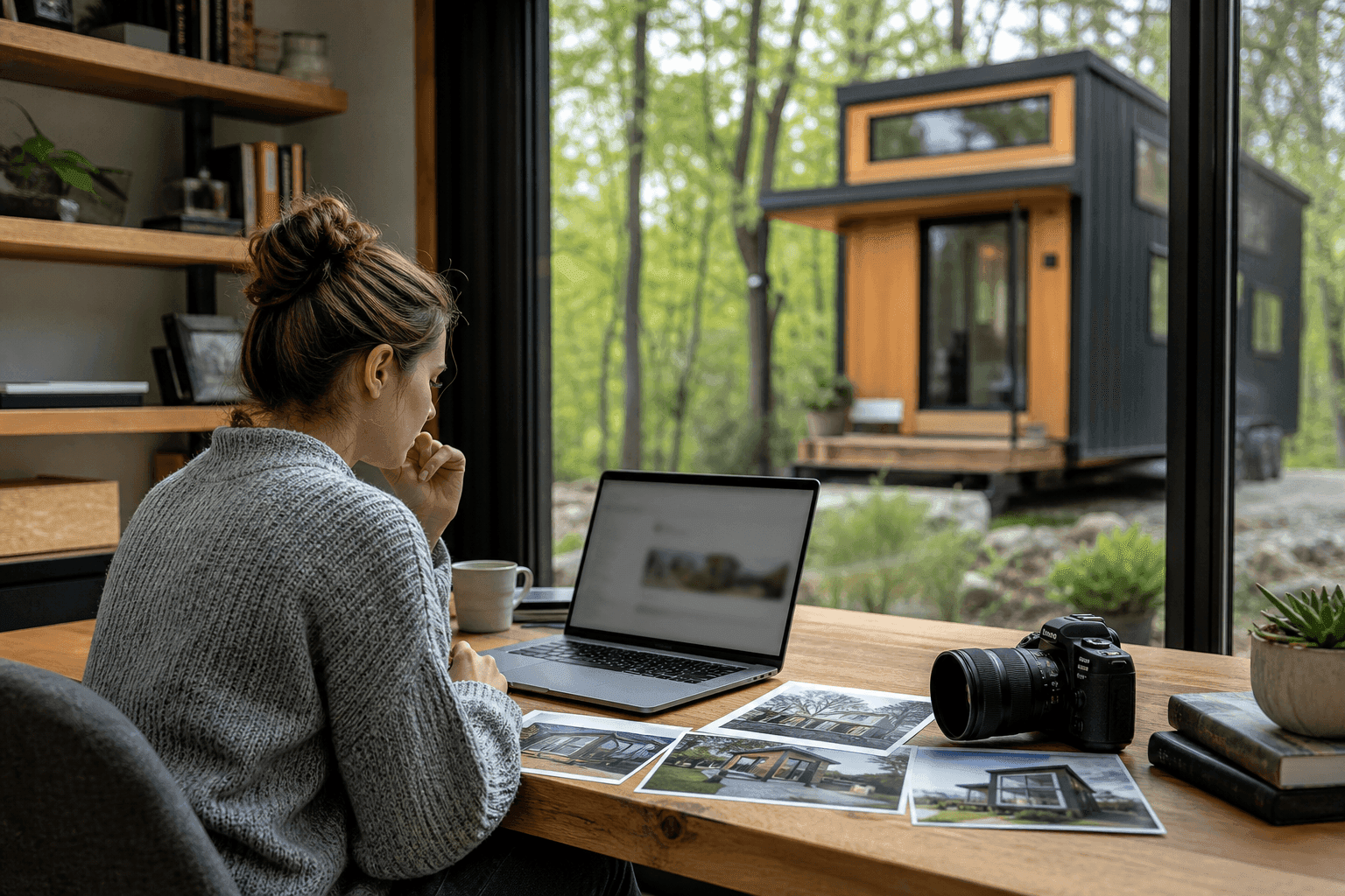 Writer preparing a tiny house listing with laptop and camera at a desk