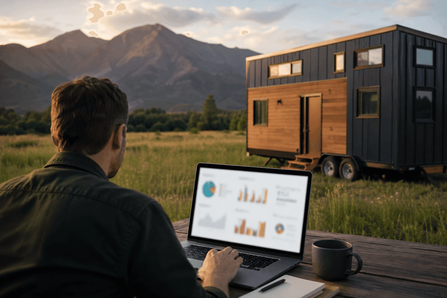 Investment analysis on a laptop with a tiny house in a scenic outdoor setting