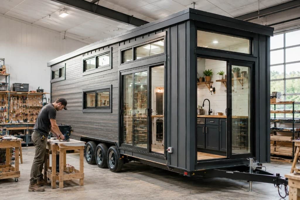 Builder finishing a modern tiny house on a trailer inside a workshop