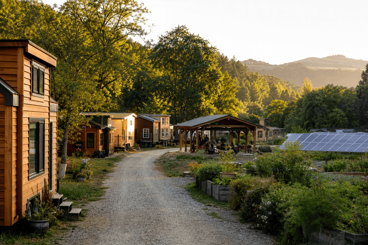 Off-grid ecovillage with shared solar arrays and communal buildings demonstrating sustainable community living