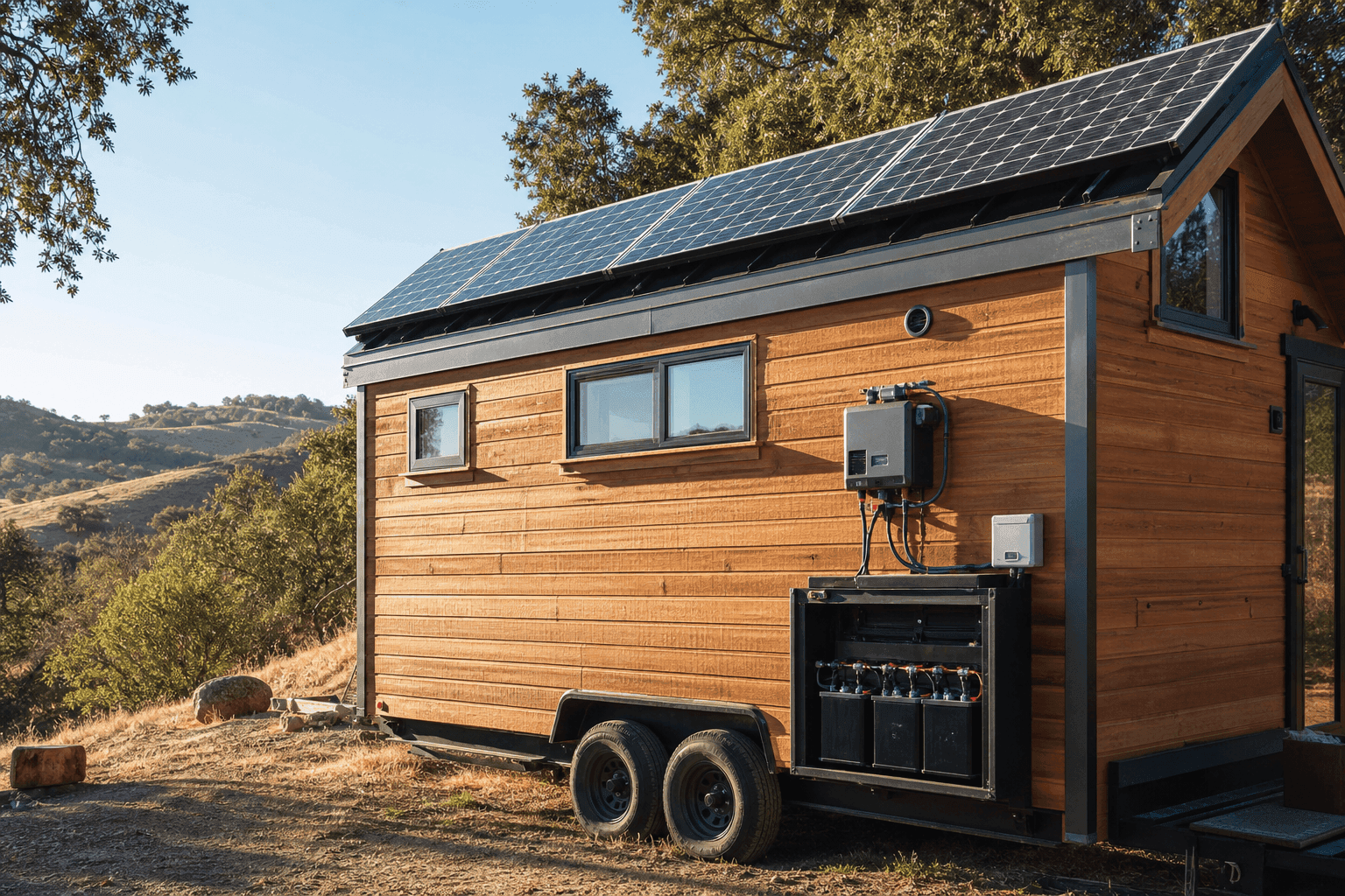 Solar panels installed on tiny house roof with battery storage system for off-grid living