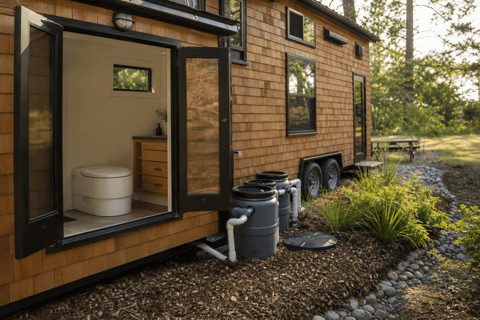 Composting toilet and greywater system for off-grid tiny house waste management