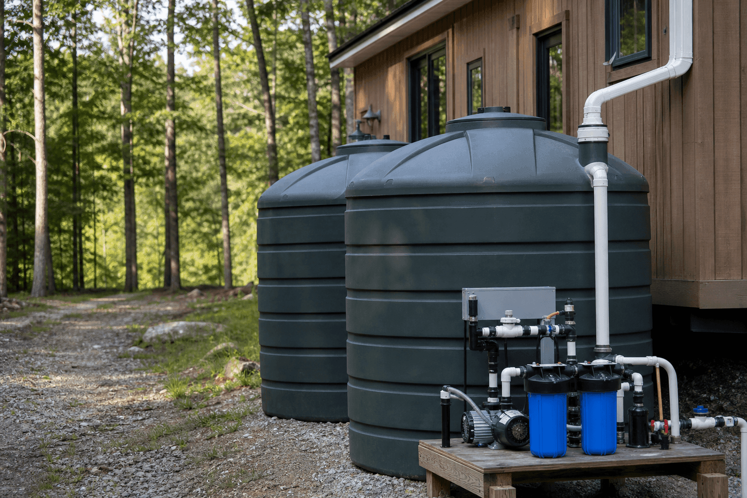 Rainwater collection system with storage tanks and filtration setup for off-grid tiny house