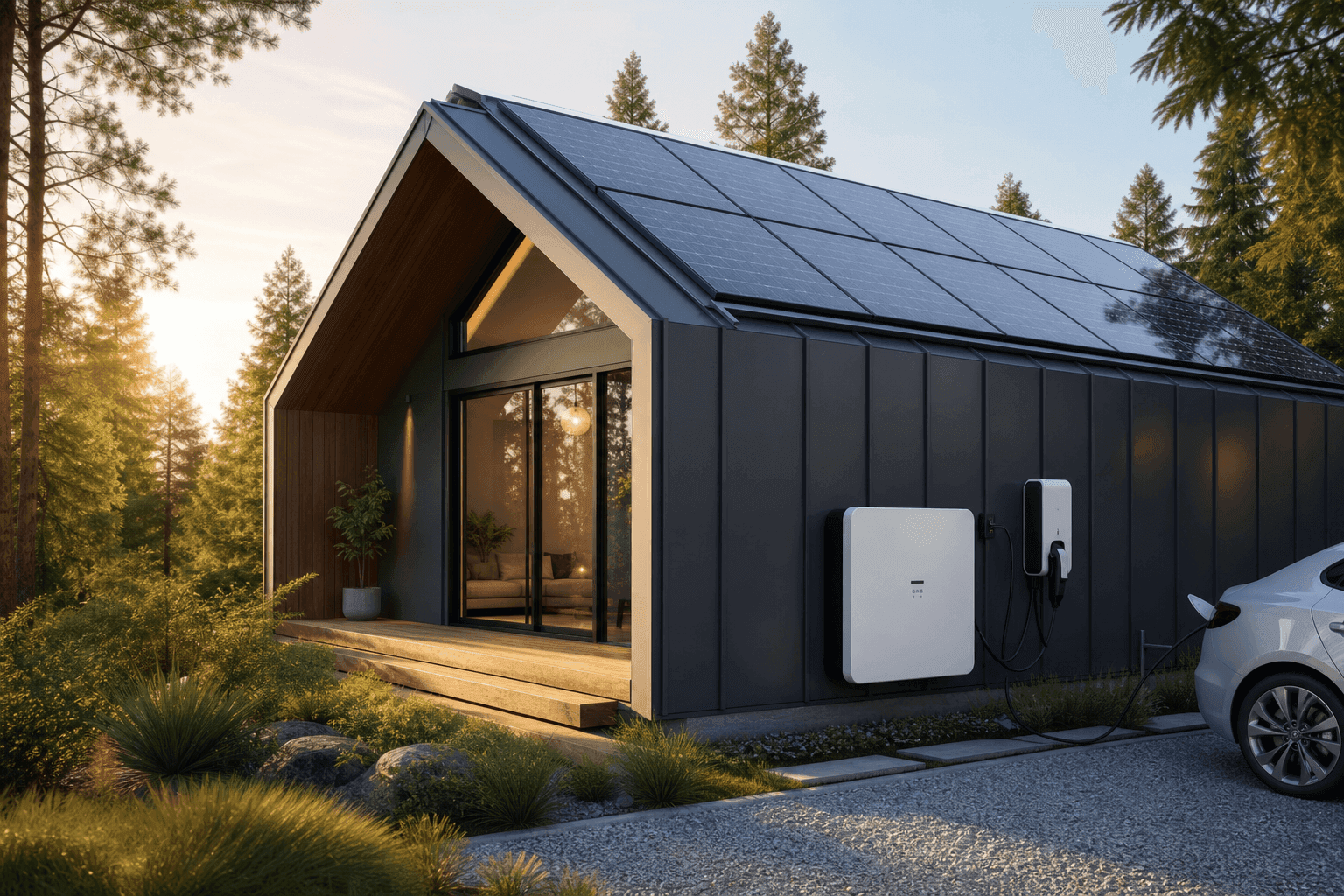 Futuristic modern tiny house with integrated solar roof and home battery system