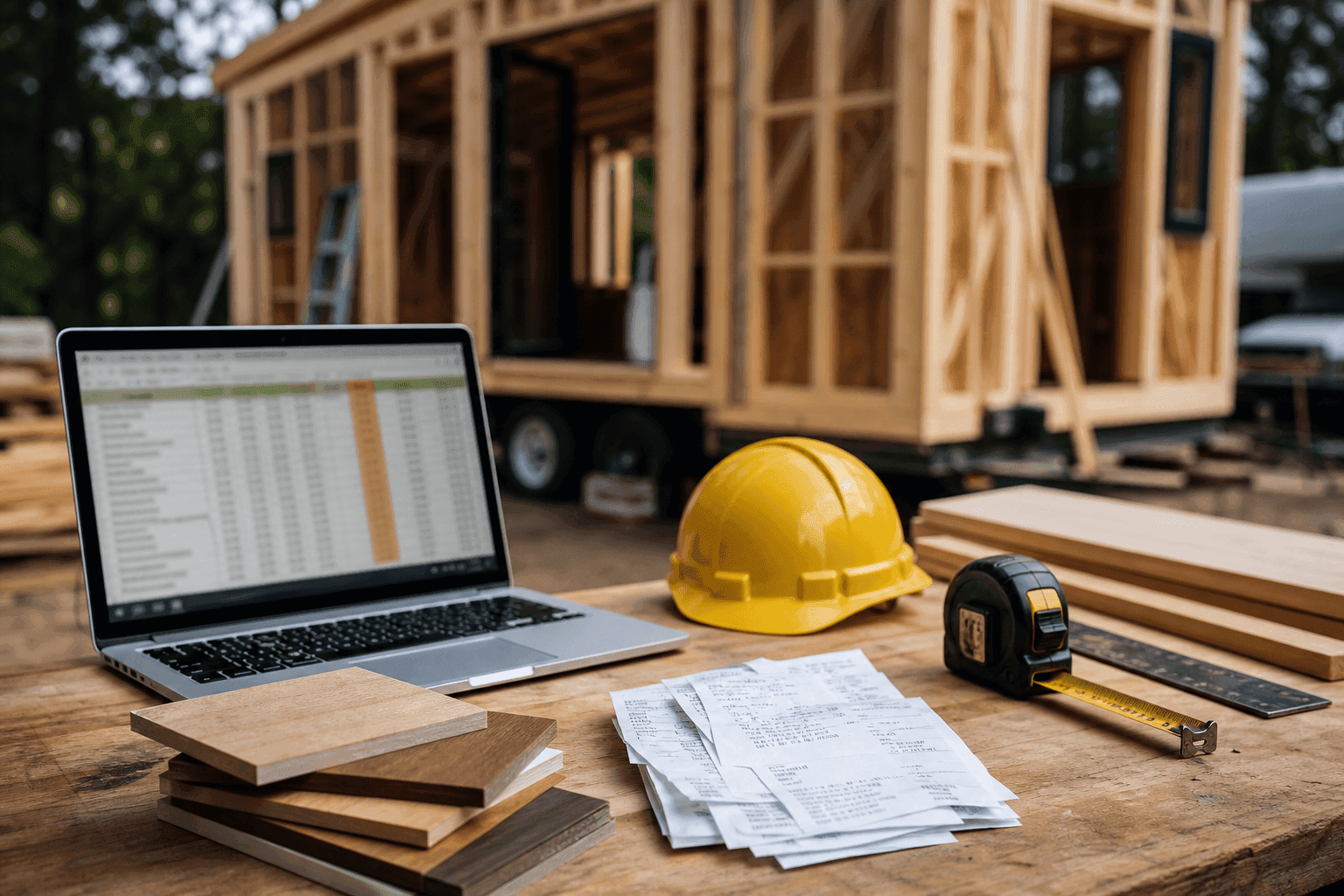 Detailed cost breakdown spreadsheet showing tiny house expenses including materials, labor, land, and utilities
