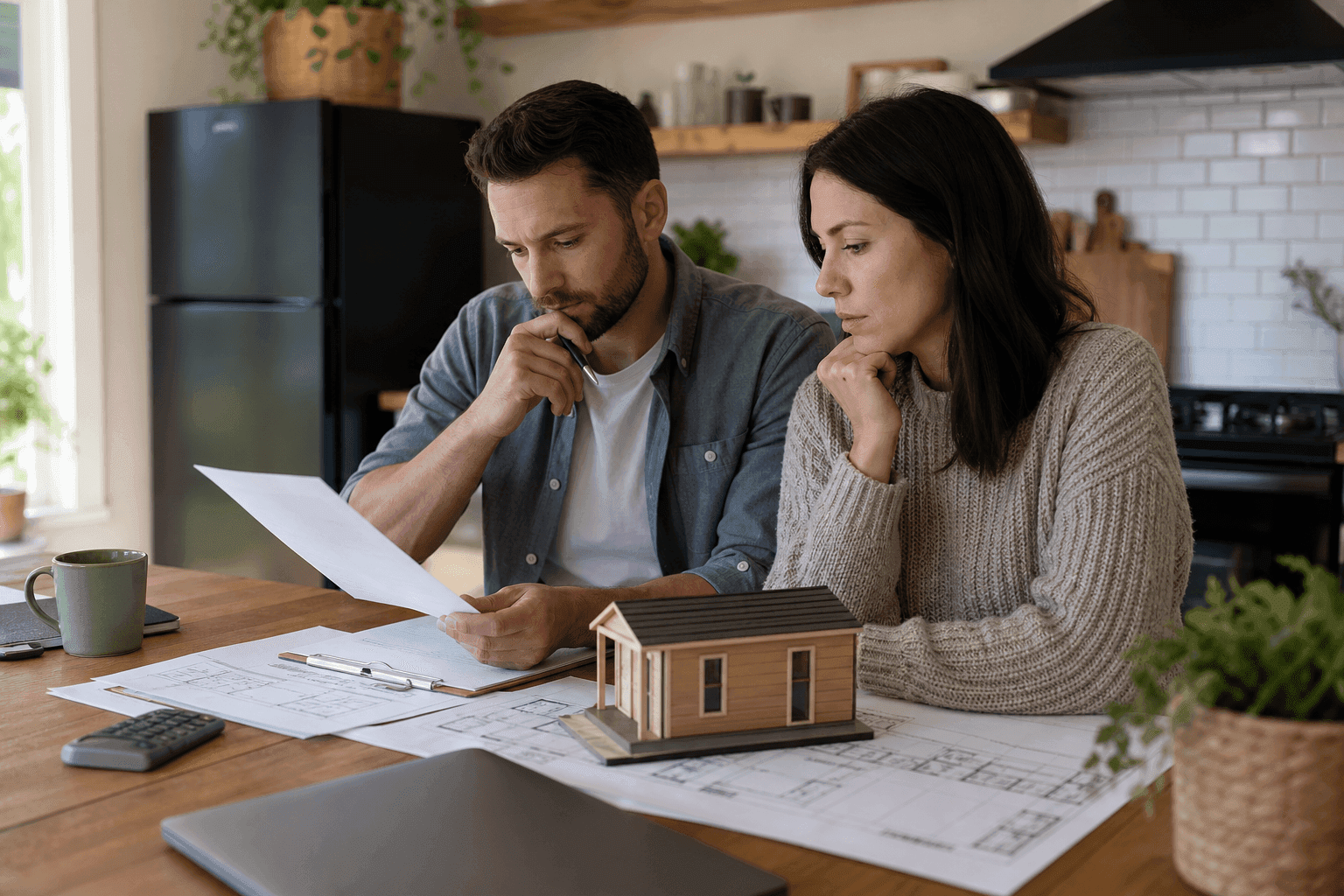 Person reviewing tiny house financing options with calculator, documents showing loan rates and payment plans