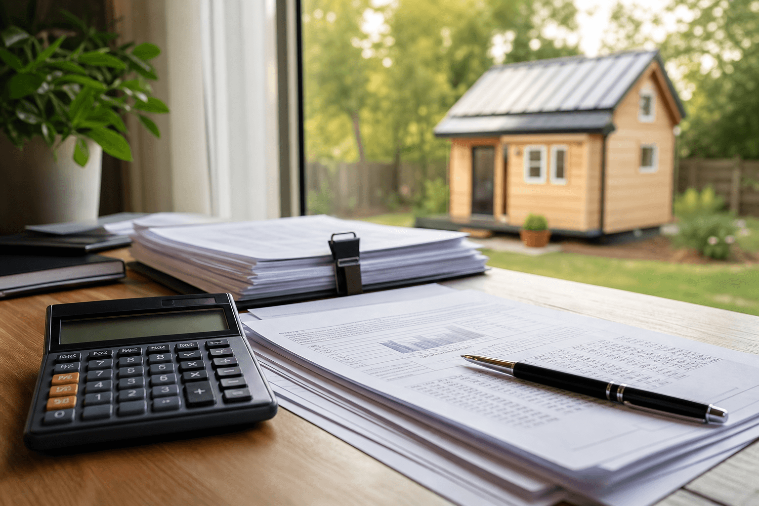 Tax forms, calculator, and tiny house documents showing property tax assessments and deduction calculations
